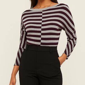 Jason Wu Striped Knit Top Size Small Burgundy Red Gray Long Sleeve NWT Parisian